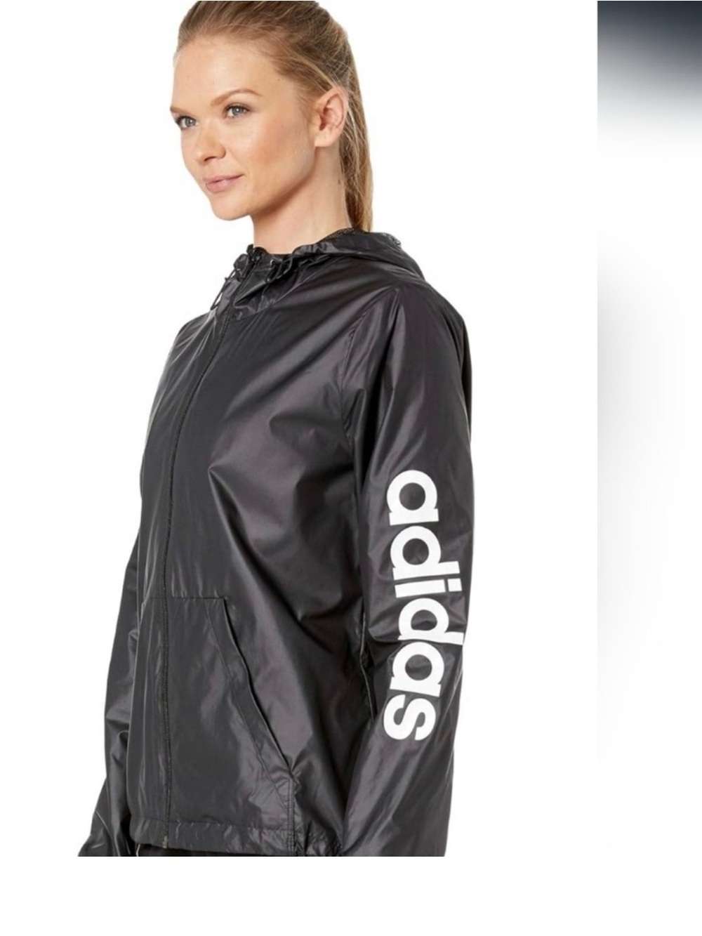 adidas Black Hooded Lightweight Windbreaker with Sleeve Logo. Size XS
